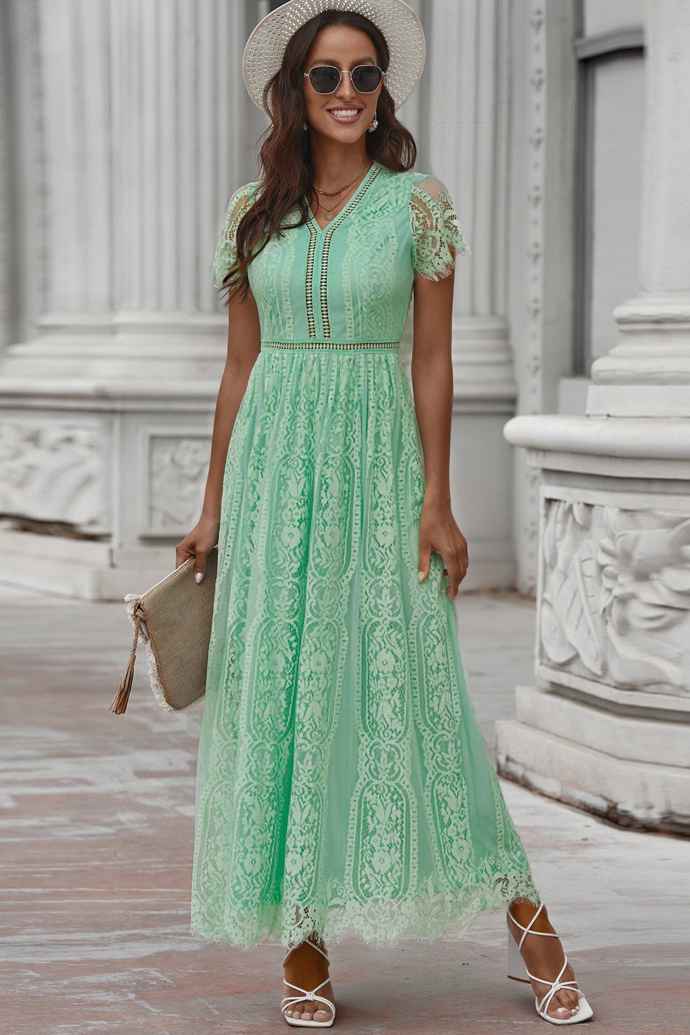 Scalloped Trim Lace Plunge Dress - Dress - Mid Green - Bella Bourget