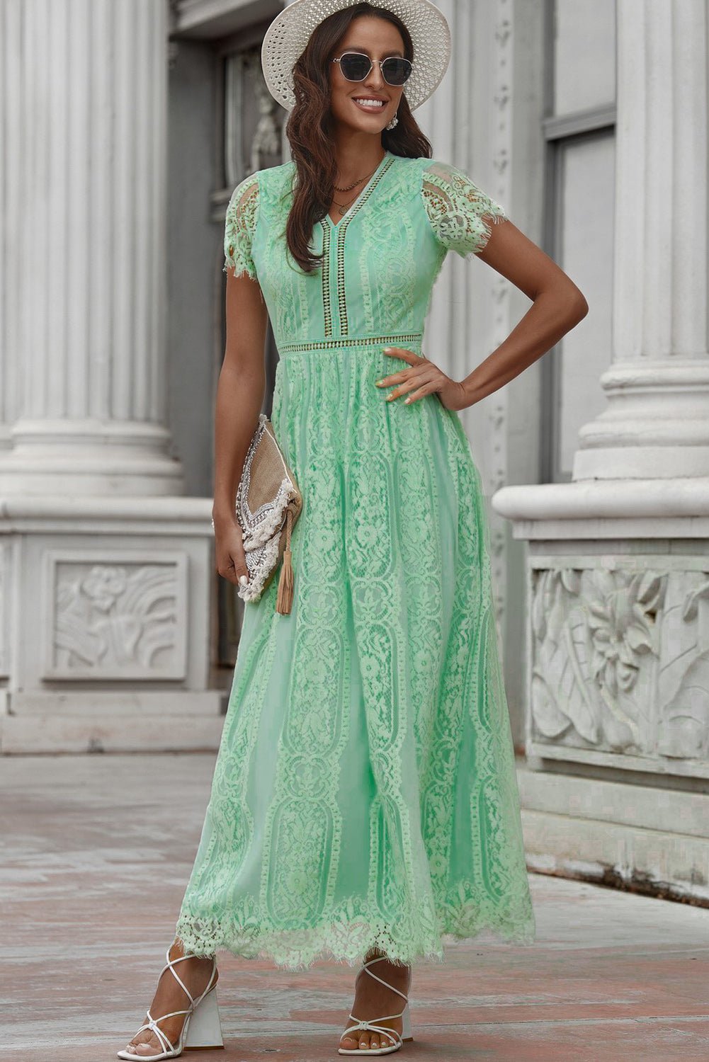 Scalloped Trim Lace Plunge Dress - Dress - Mid Green - Bella Bourget