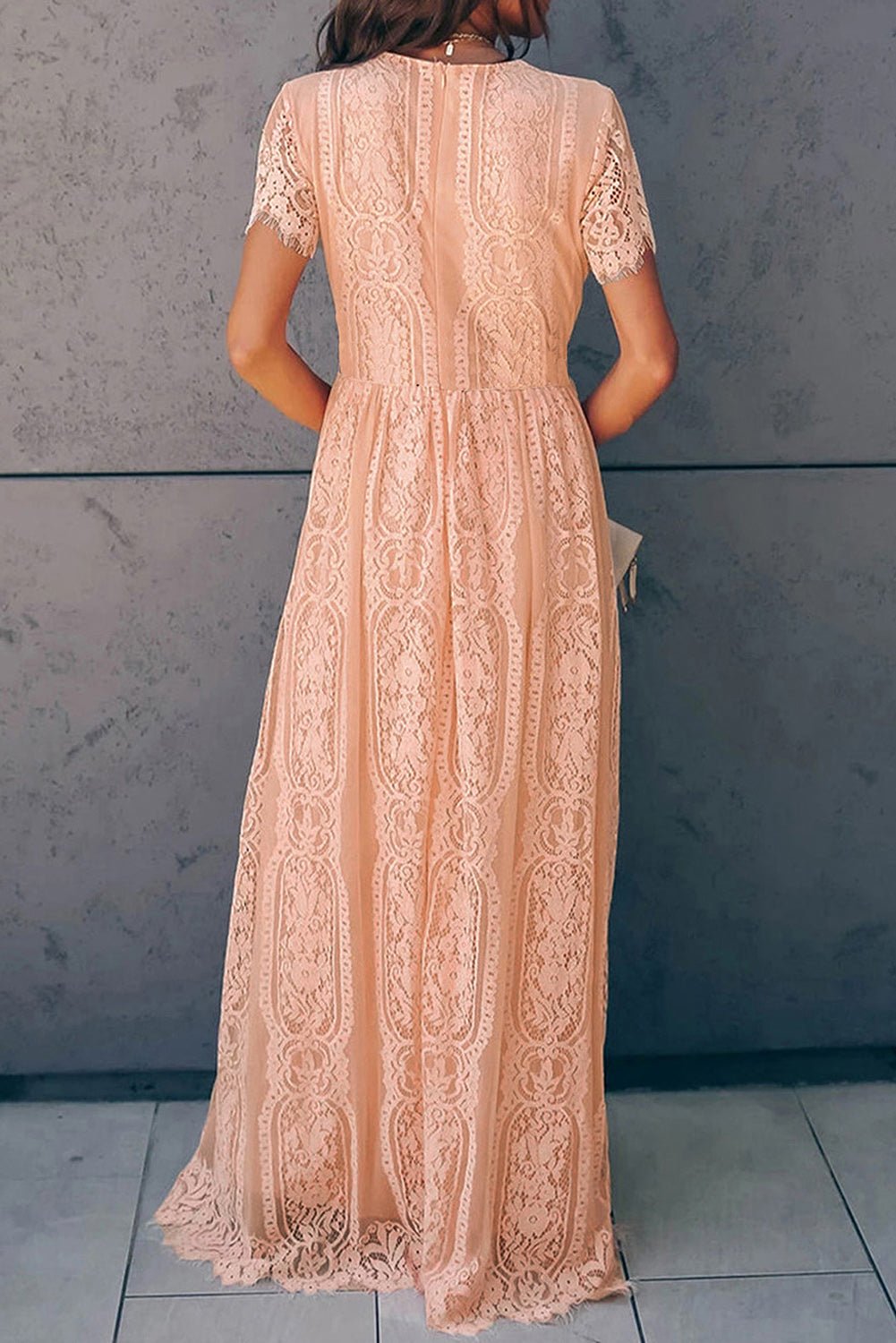 Scalloped Trim Lace Plunge Dress - Dress - Peach - Bella Bourget