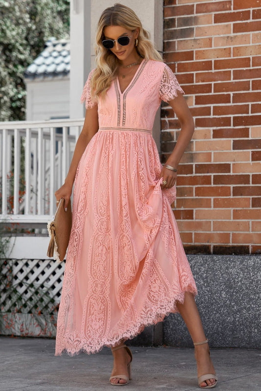 Scalloped Trim Lace Plunge Dress - Dress - Coral - Bella Bourget