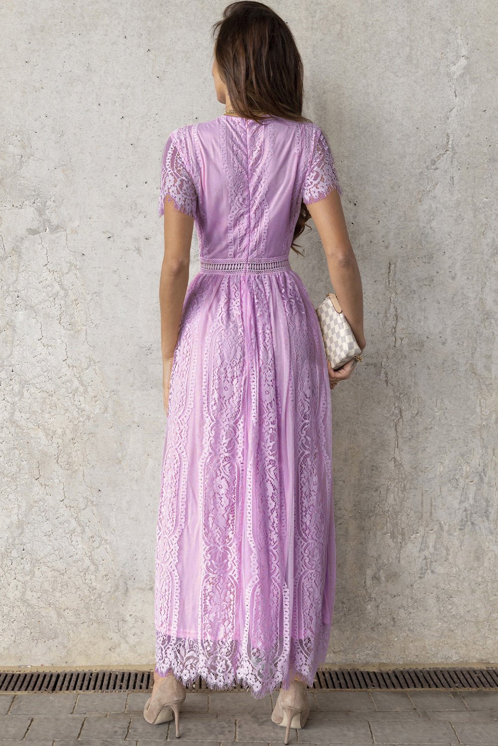 Scalloped Trim Lace Plunge Dress - Dress - Lavender - Bella Bourget