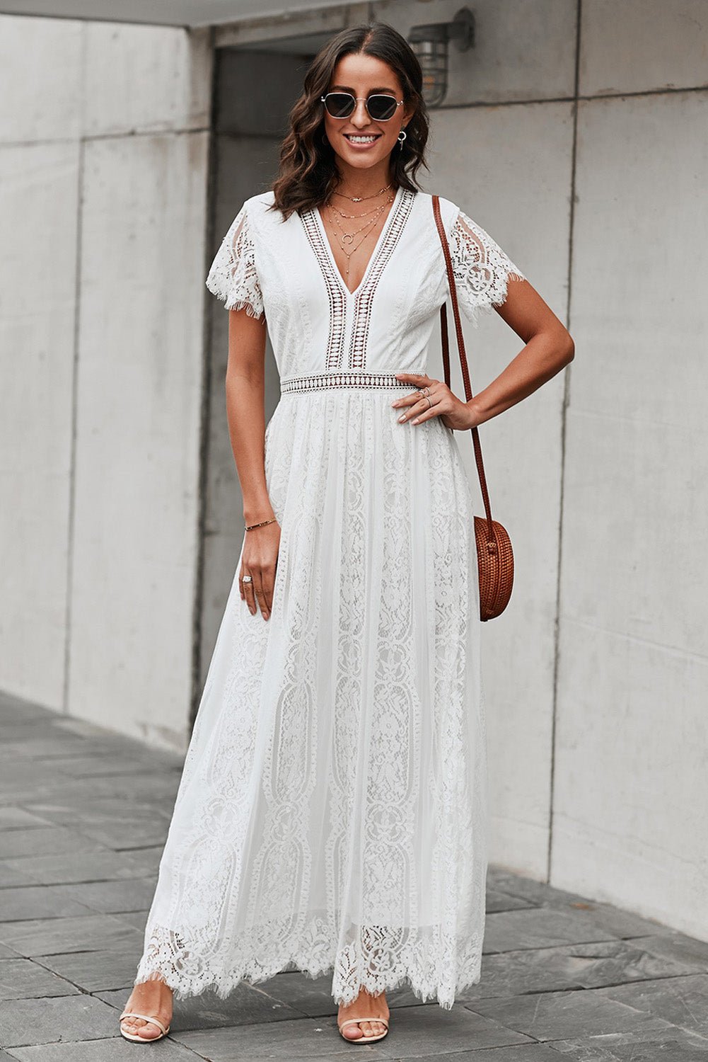 Scalloped Trim Lace Plunge Dress - Dress - White - Bella Bourget