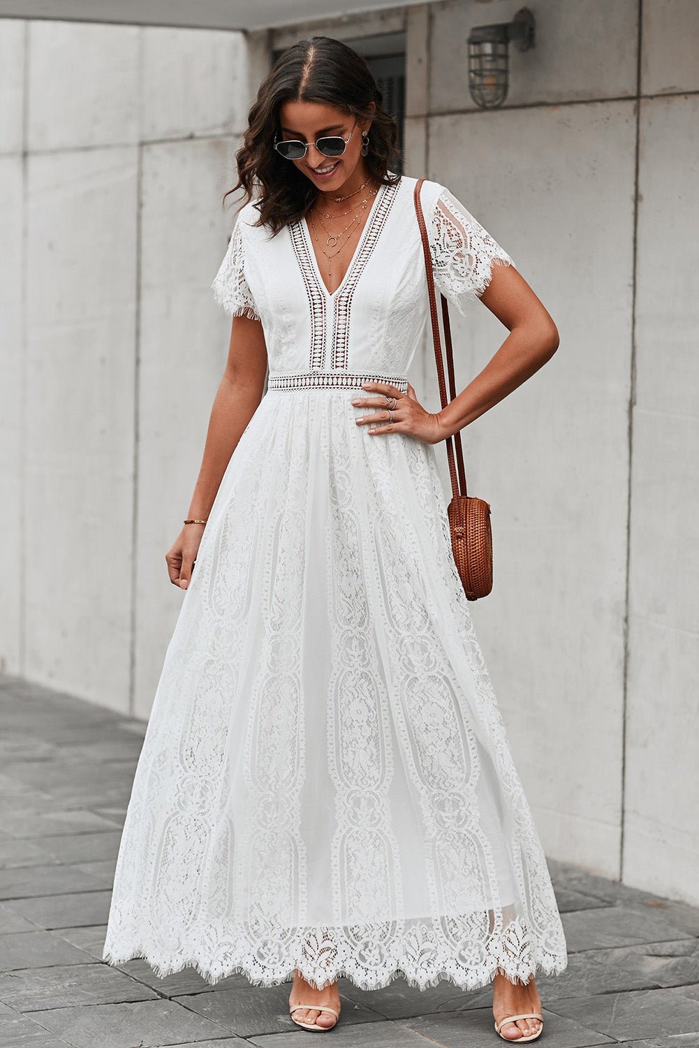 Scalloped Trim Lace Plunge Dress - Dress - Coral - Bella Bourget