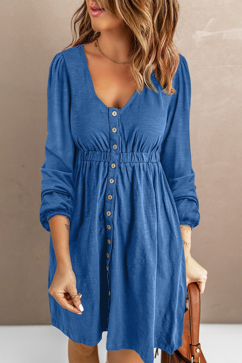 Scoop Neck Empire Waist Long Sleeve Mini Dress - Dress - Blue - Bella Bourget