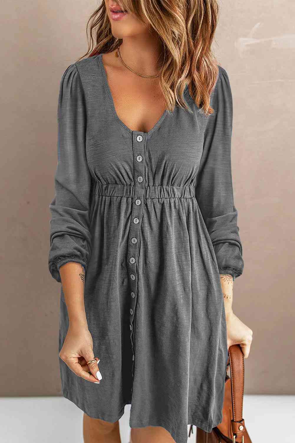 Scoop Neck Empire Waist Long Sleeve Mini Dress - Dress - Gray - Bella Bourget