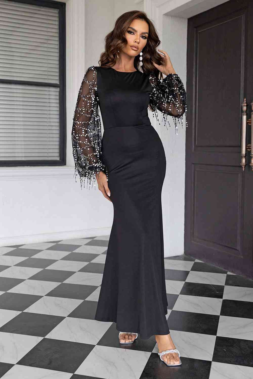 Sequin Round Neck Maxi Dress - Evening Dress - Black - Bella Bourget