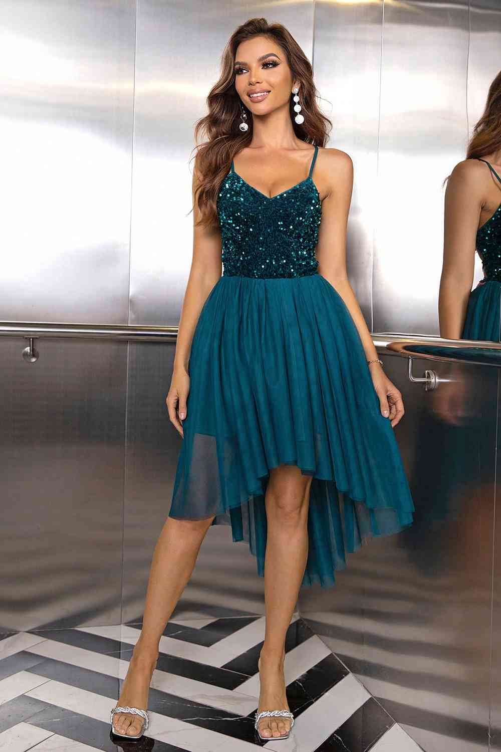 Sequin Spaghetti Strap High - Low Dress - Evening Dress - Teal - Bella Bourget