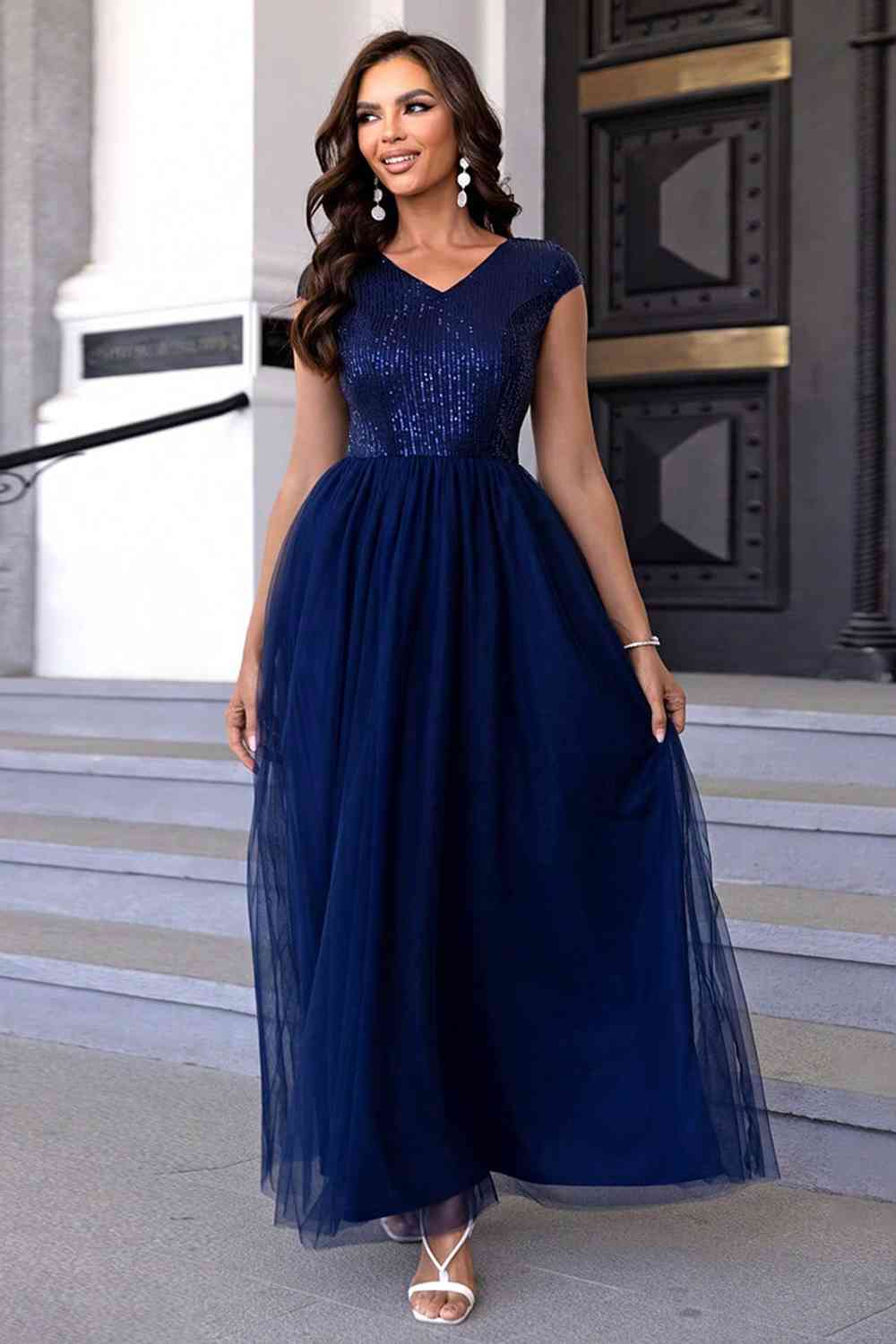 Sequin V - Neck Mesh Maxi Dress - Evening Dress - Navy - Bella Bourget