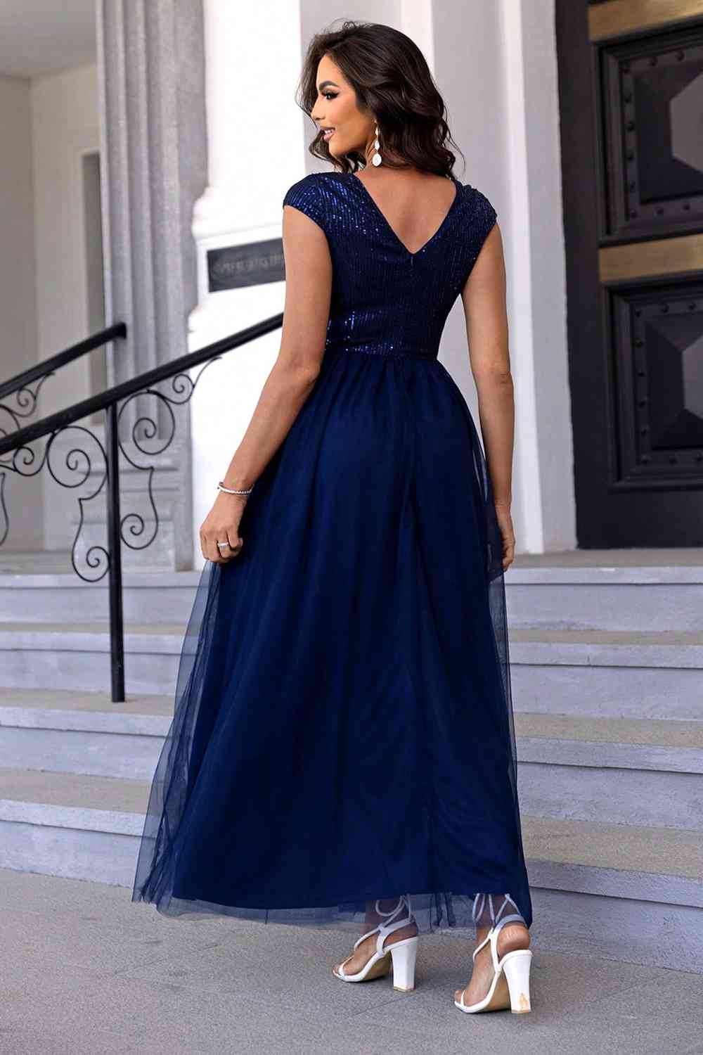 Sequin V - Neck Mesh Maxi Dress - Evening Dress - Navy - Bella Bourget