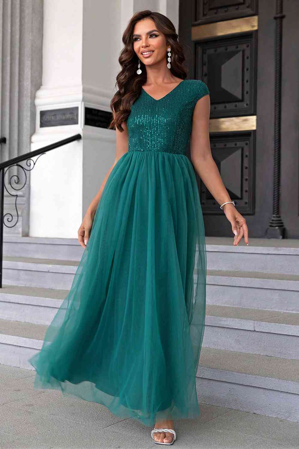 Sequin V - Neck Mesh Maxi Dress - Evening Dress - Teal - Bella Bourget