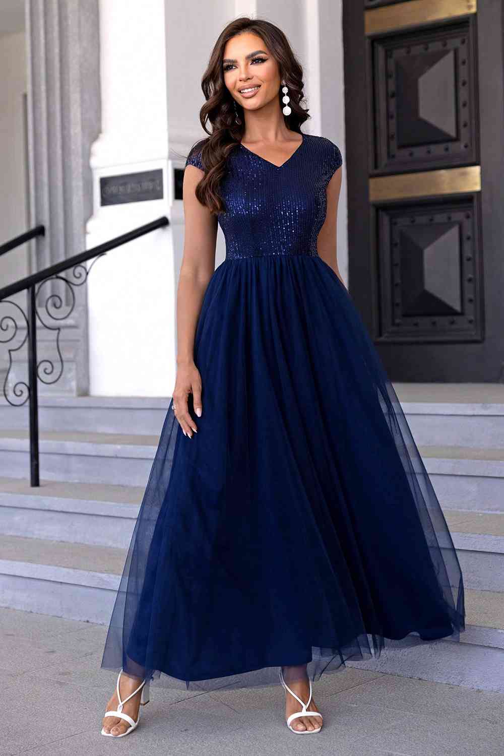 Sequin V - Neck Mesh Maxi Dress - Evening Dress - Navy - Bella Bourget