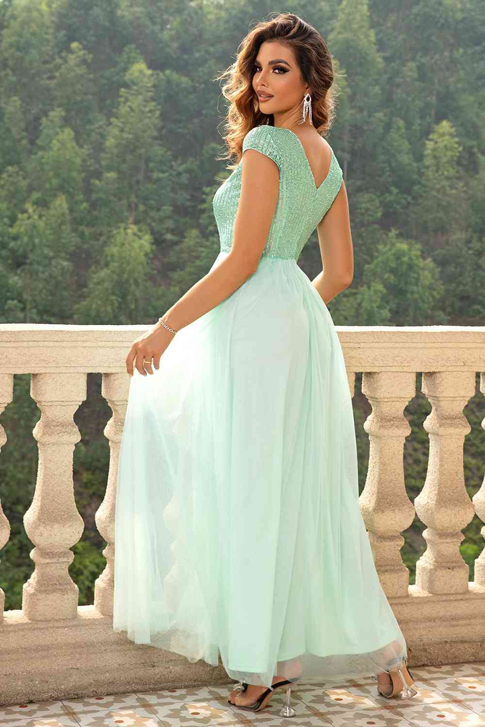 Sequin V - Neck Mesh Maxi Dress - Evening Dress - Light Green - Bella Bourget