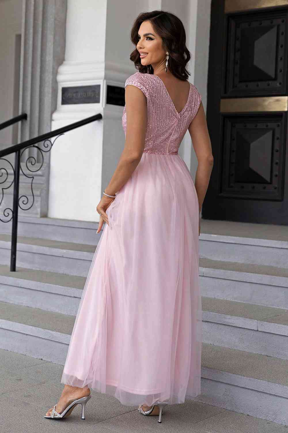 Sequin V - Neck Mesh Maxi Dress - Evening Dress - Blush Pink - Bella Bourget