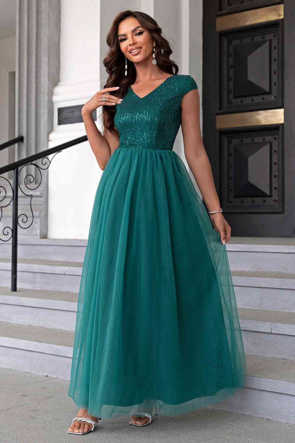 Sequin V - Neck Mesh Maxi Dress - Evening Dress - Teal - Bella Bourget