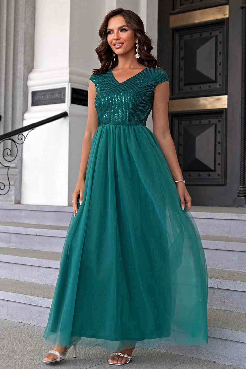 Sequin V - Neck Mesh Maxi Dress - Evening Dress - Teal - Bella Bourget