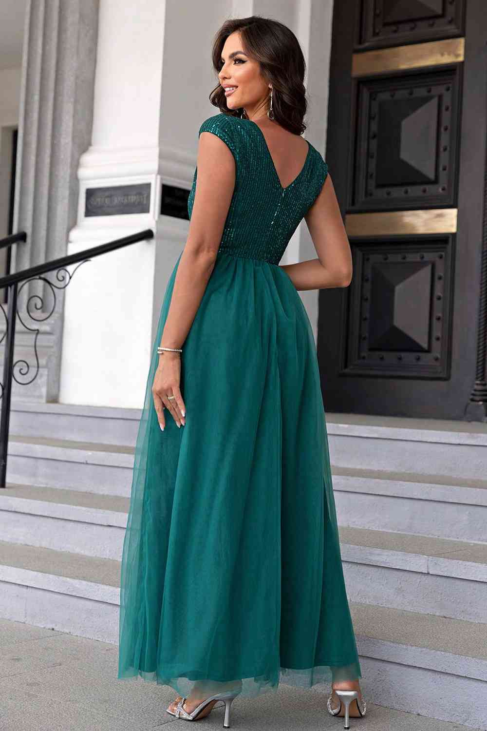 Sequin V - Neck Mesh Maxi Dress - Evening Dress - Teal - Bella Bourget