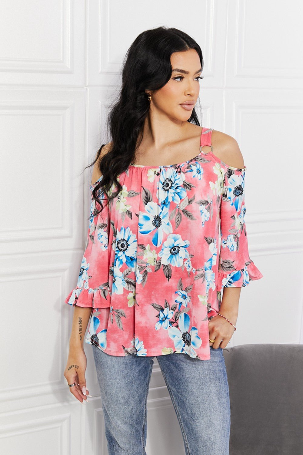 Sew In Love Full Size Fresh Take Floral Cold - Shoulder Top - Full Size Blouse - Rouge Pink - Bella Bourget