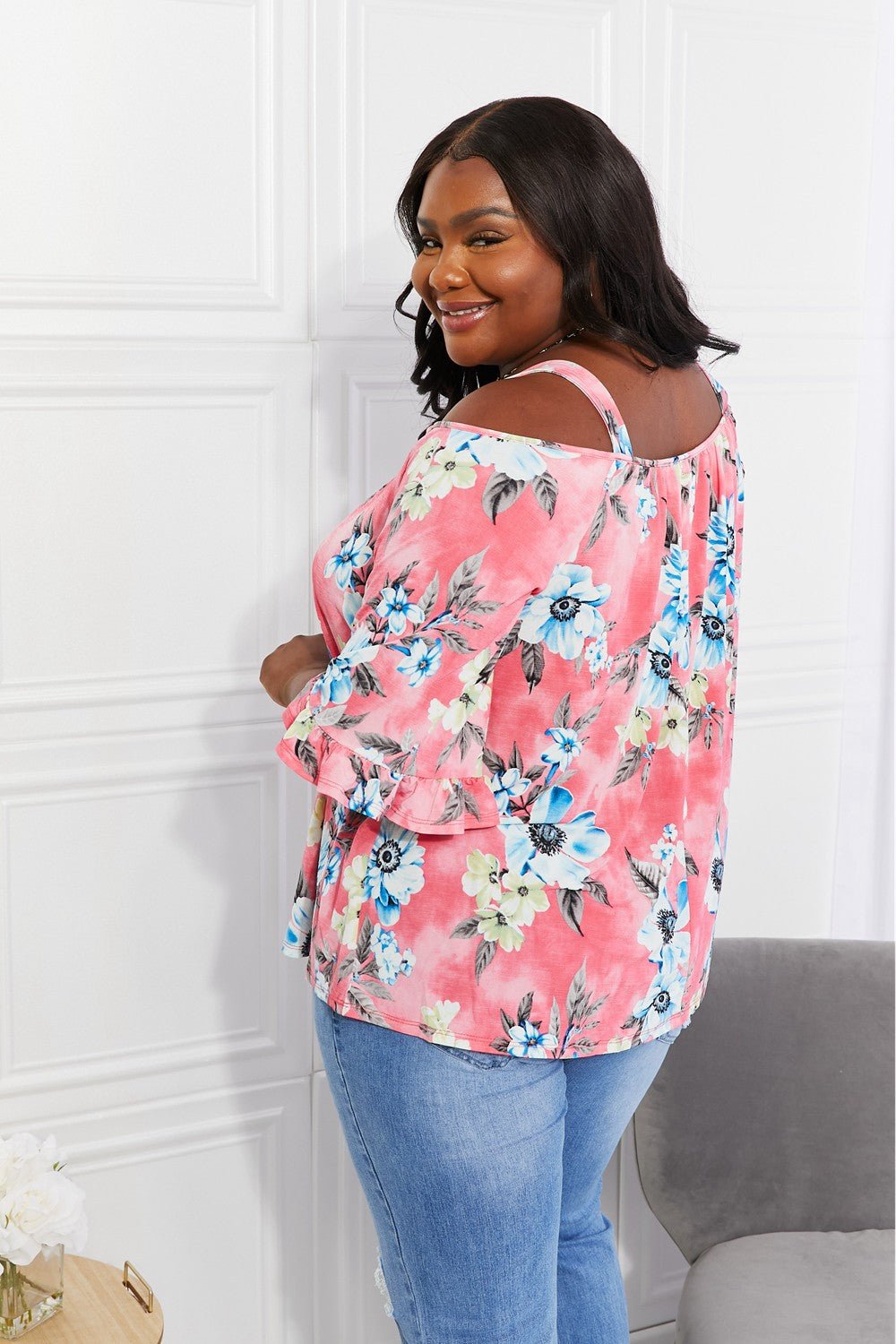 Sew In Love Full Size Fresh Take Floral Cold - Shoulder Top - Full Size Blouse - Rouge Pink - Bella Bourget