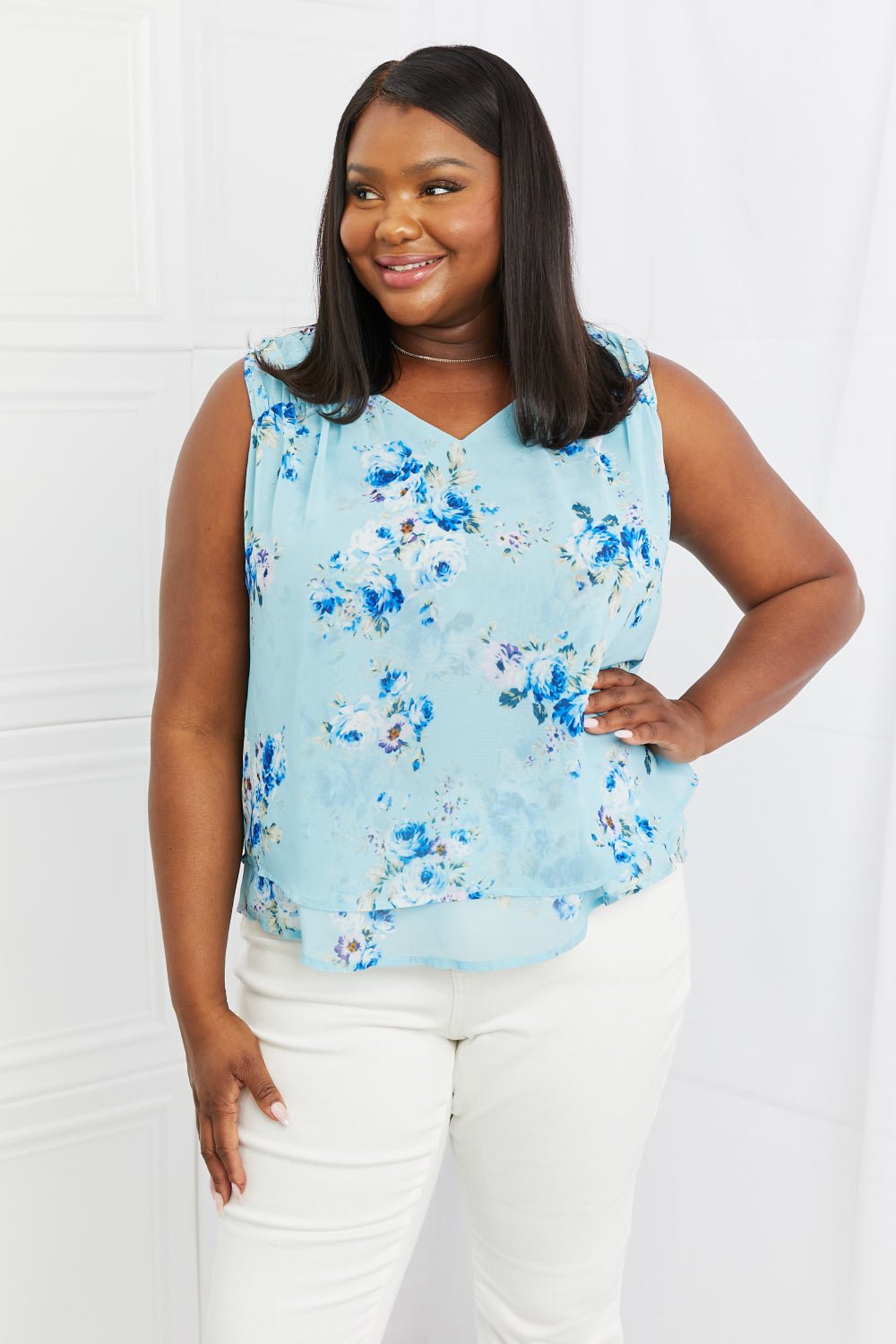 Sew In Love Off To Brunch Full Size Floral Tank Top - Full Size Tank Top - Pastel Blue - Bella Bourget
