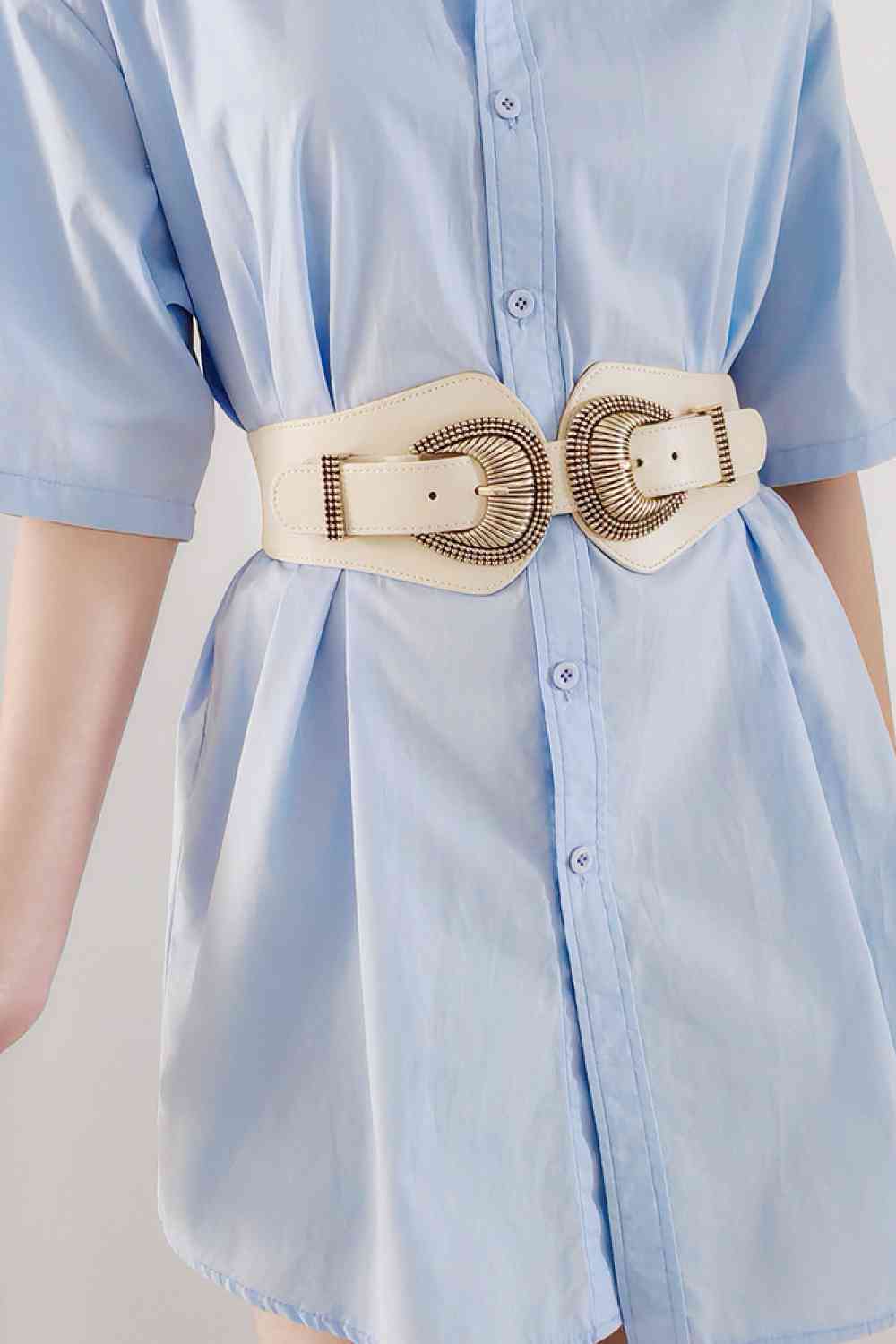 Shell Double Buckle Elastic Wide Belt - belt - Cream - Bella Bourget