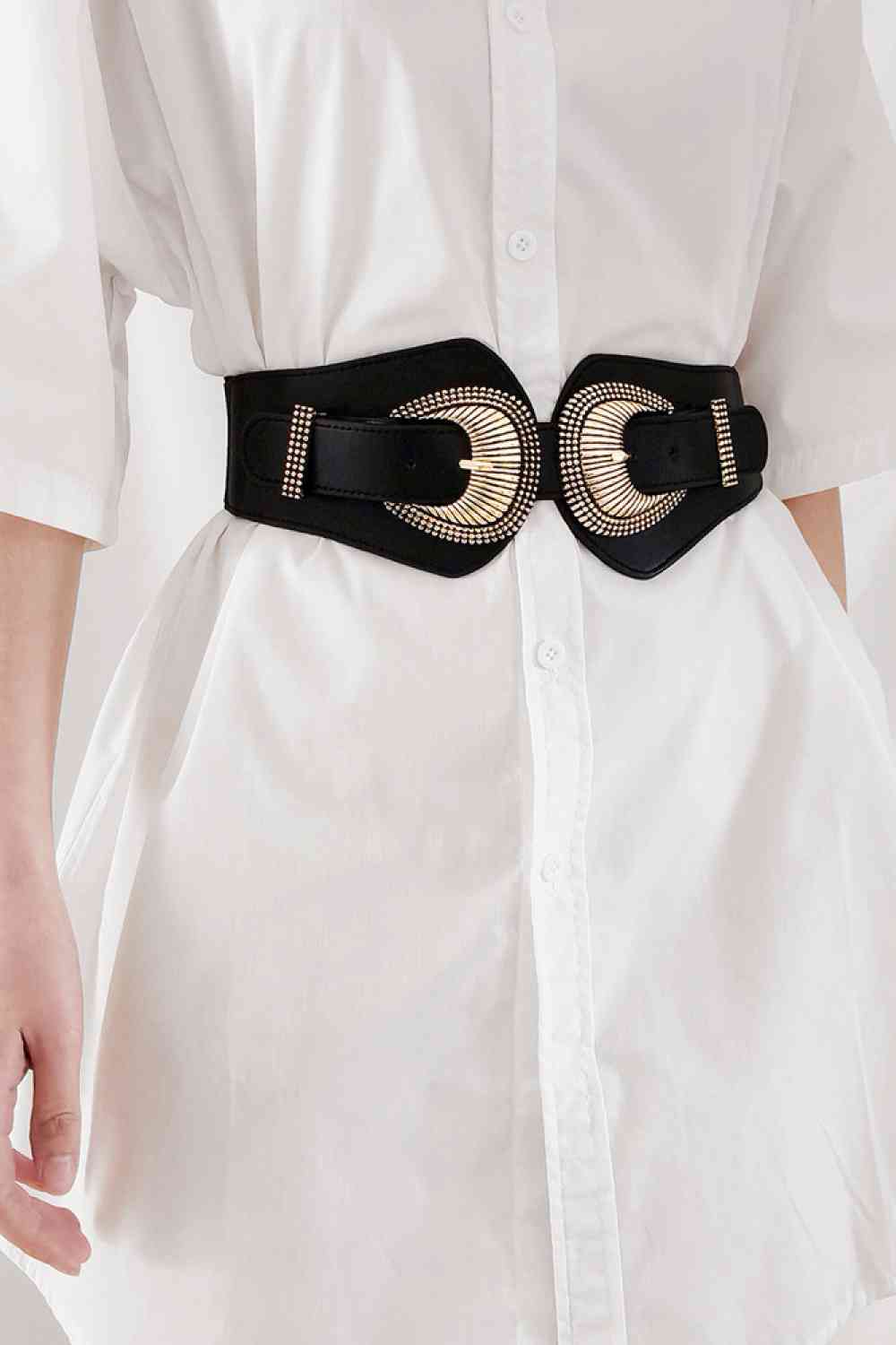 Shell Double Buckle Elastic Wide Belt - belt - Black - Bella Bourget