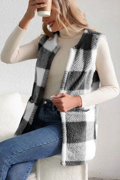 Sherpa Plaid Open Front Vest Coat - Vest - Black - Bella Bourget