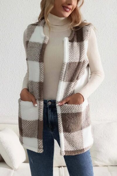 Sherpa Plaid Open Front Vest Coat - Vest - Dust Storm - Bella Bourget