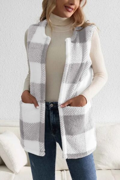 Sherpa Plaid Open Front Vest Coat - Vest - Dust Storm - Bella Bourget