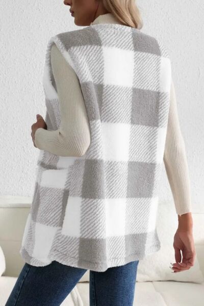 Sherpa Plaid Open Front Vest Coat - Vest - Light Gray - Bella Bourget