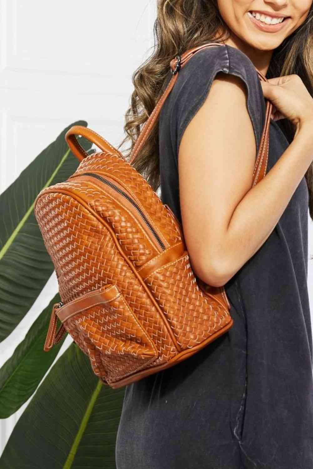 SHOMICO Certainly Chic Faux Leather Woven Backpack - bag - Chestnut - Bella Bourget