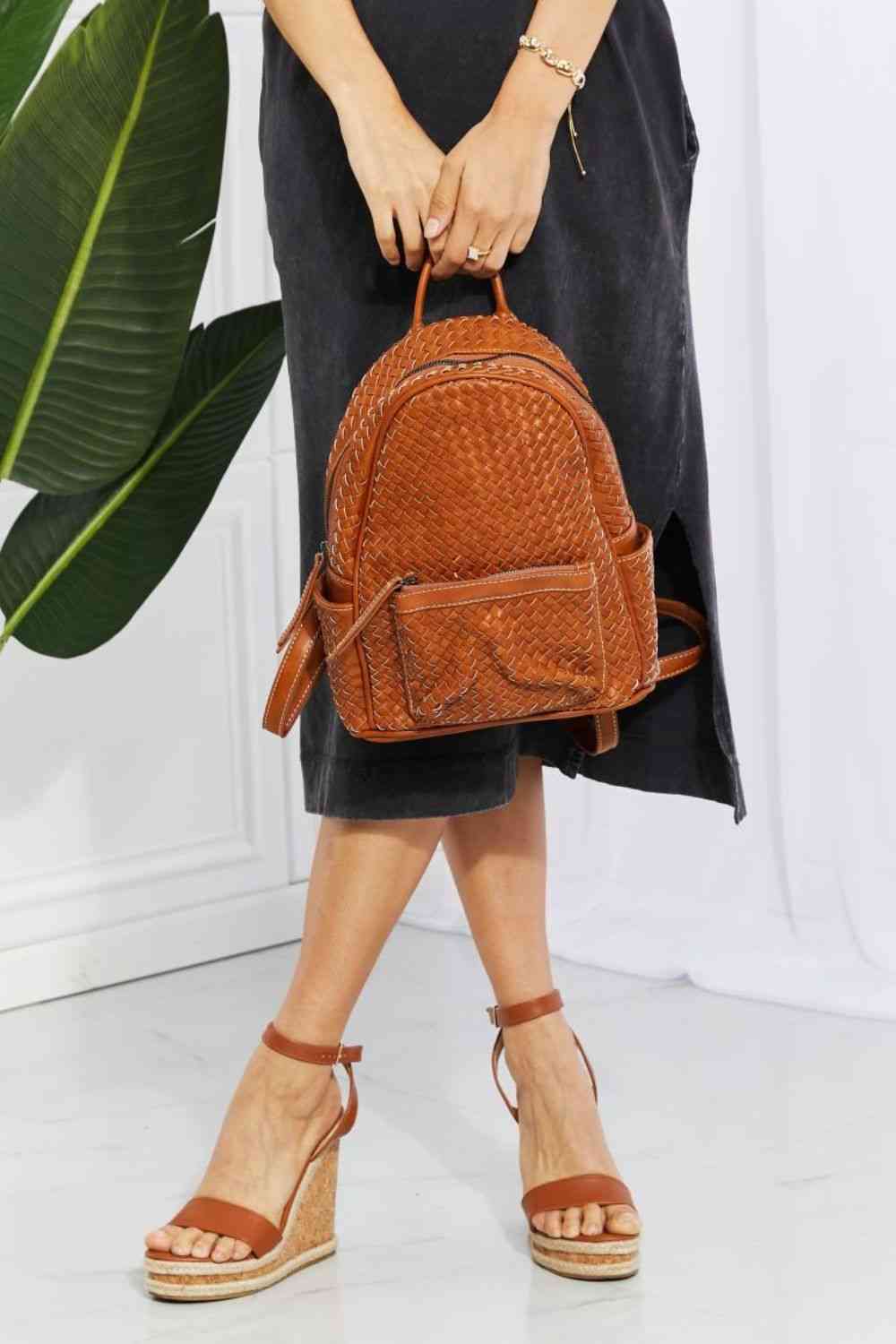 SHOMICO Certainly Chic Faux Leather Woven Backpack - bag - Chestnut - Bella Bourget