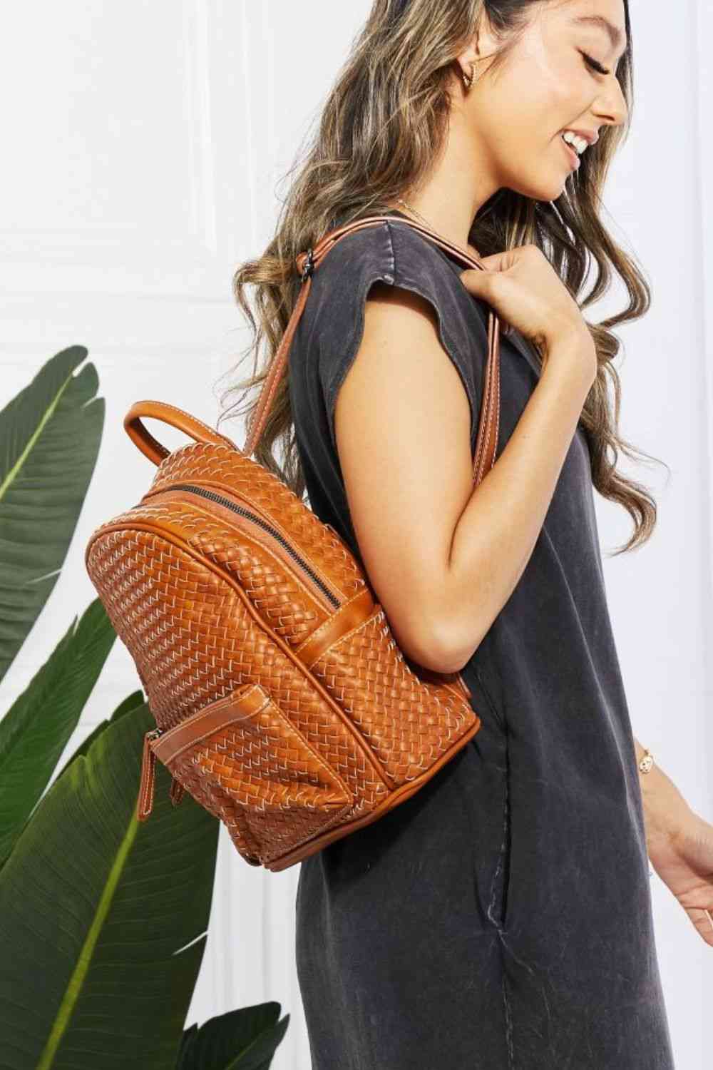 SHOMICO Certainly Chic Faux Leather Woven Backpack - bag - Chestnut - Bella Bourget