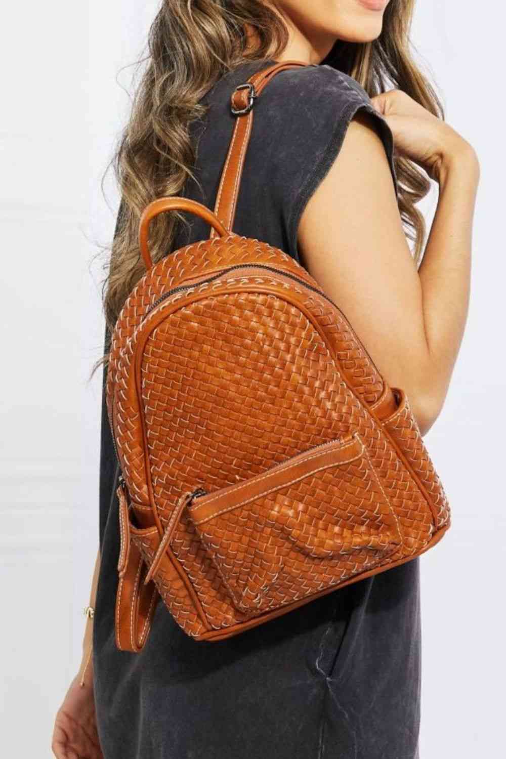 SHOMICO Certainly Chic Faux Leather Woven Backpack - bag - Chestnut - Bella Bourget