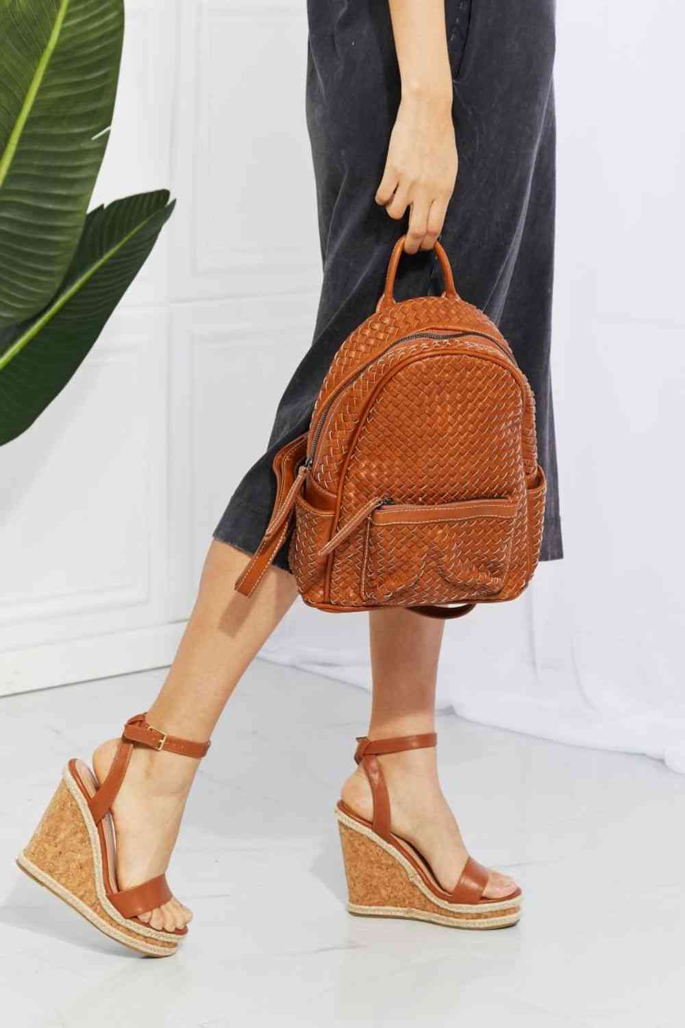 SHOMICO Certainly Chic Faux Leather Woven Backpack - bag - Chestnut - Bella Bourget