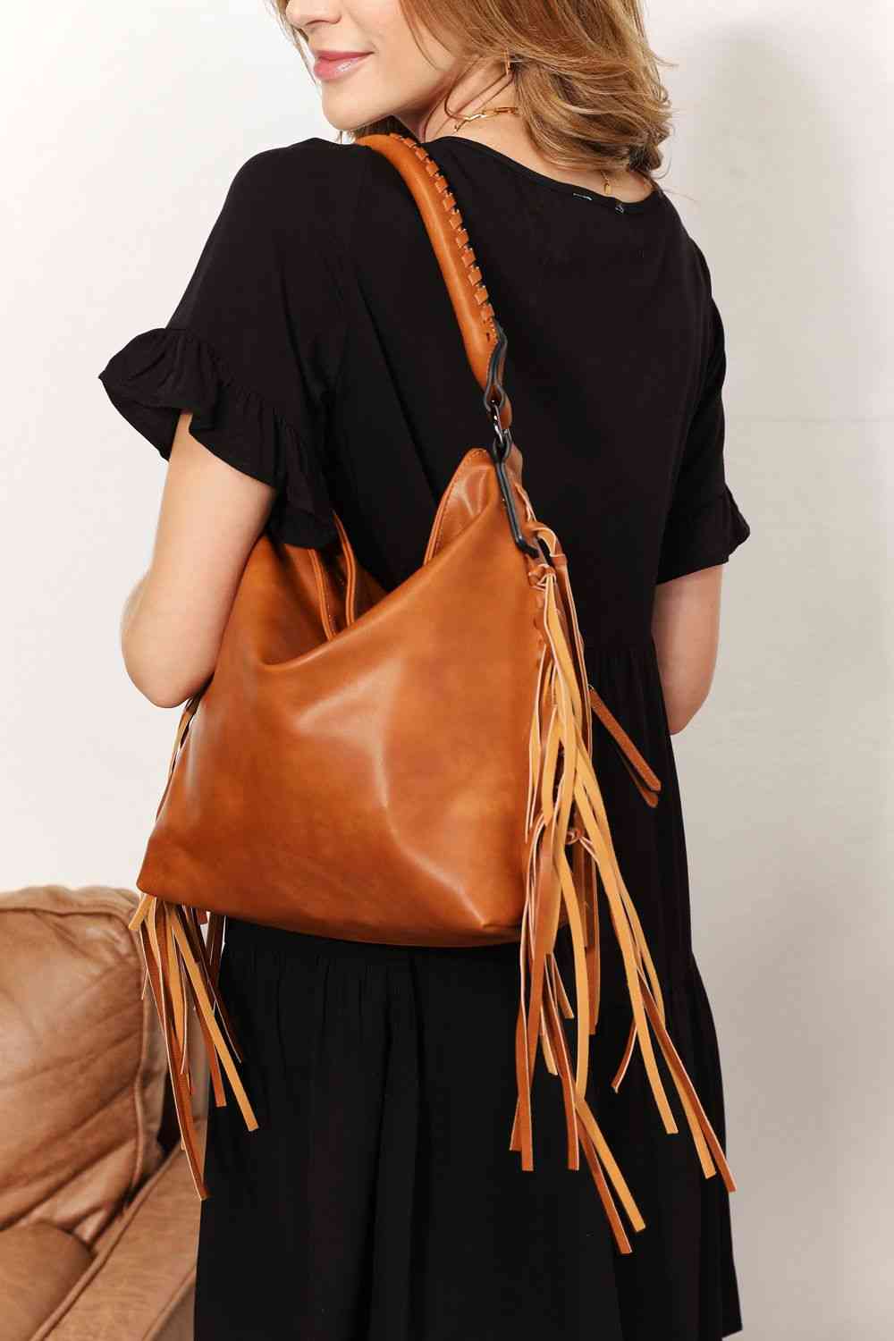 SHOMICO Faux Leather Fringe Detail Shoulder Bag - bag - Caramel - Bella Bourget