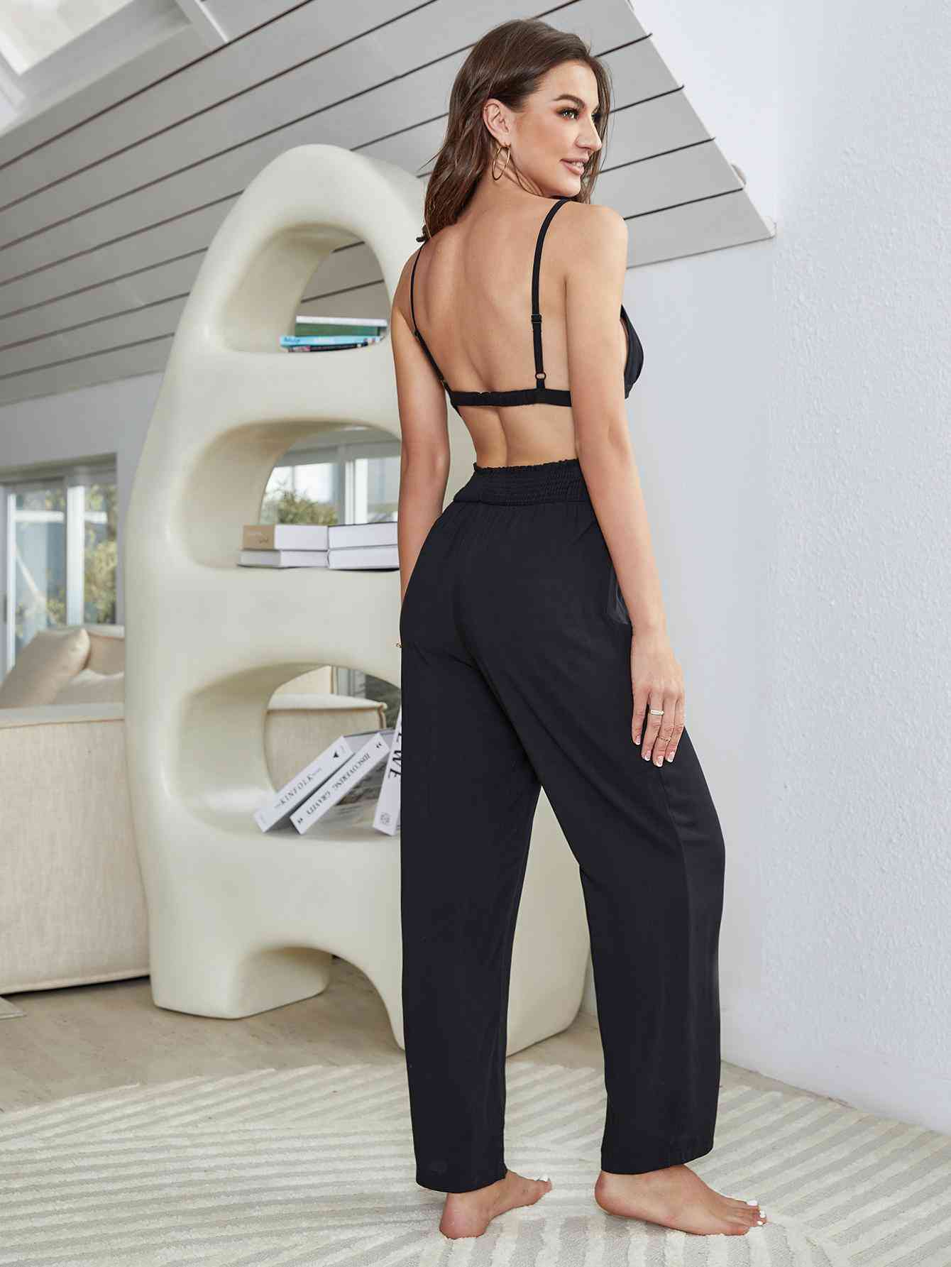 Short Sleeve Shirt, Bralette, and Pants Lounge Set - Loungewear - Black - Bella Bourget