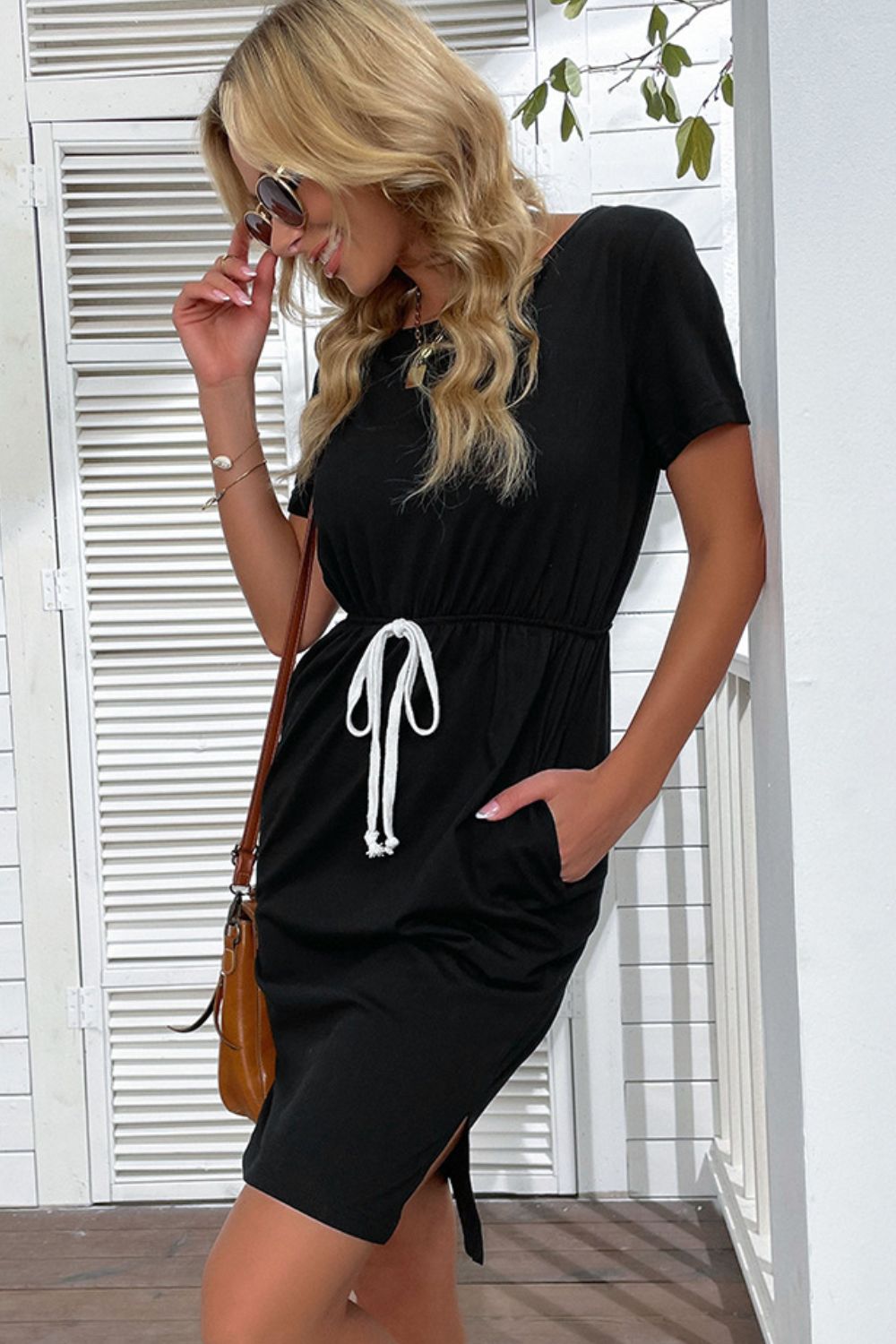 Side Slit Drawstring Round Neck Dress - Dress - Black - Bella Bourget