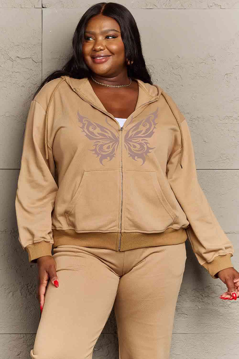 Simply Love Full Size Butterfly Graphic Hoodie - Full Size Hoodie - Taupe - Bella Bourget