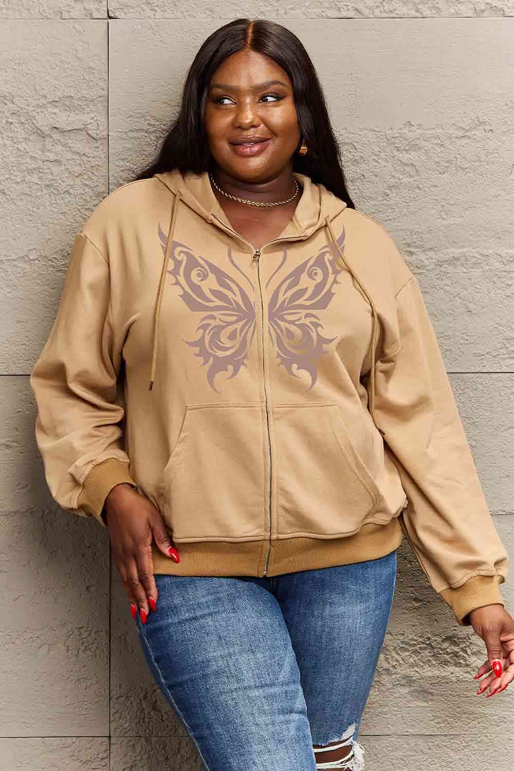 Simply Love Full Size Butterfly Graphic Hoodie - Full Size Hoodie - Taupe - Bella Bourget