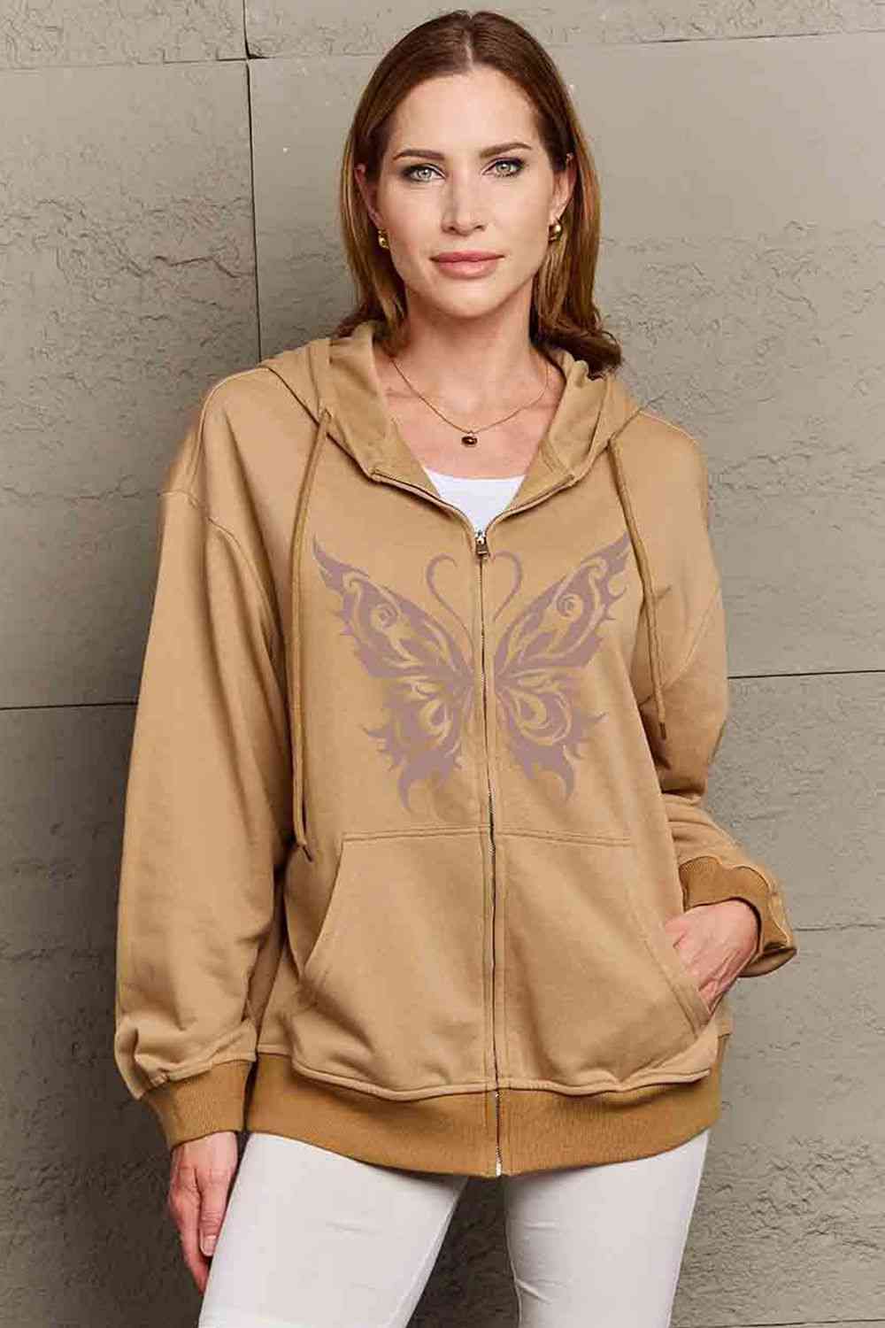 Simply Love Full Size Butterfly Graphic Hoodie - Full Size Hoodie - Taupe - Bella Bourget