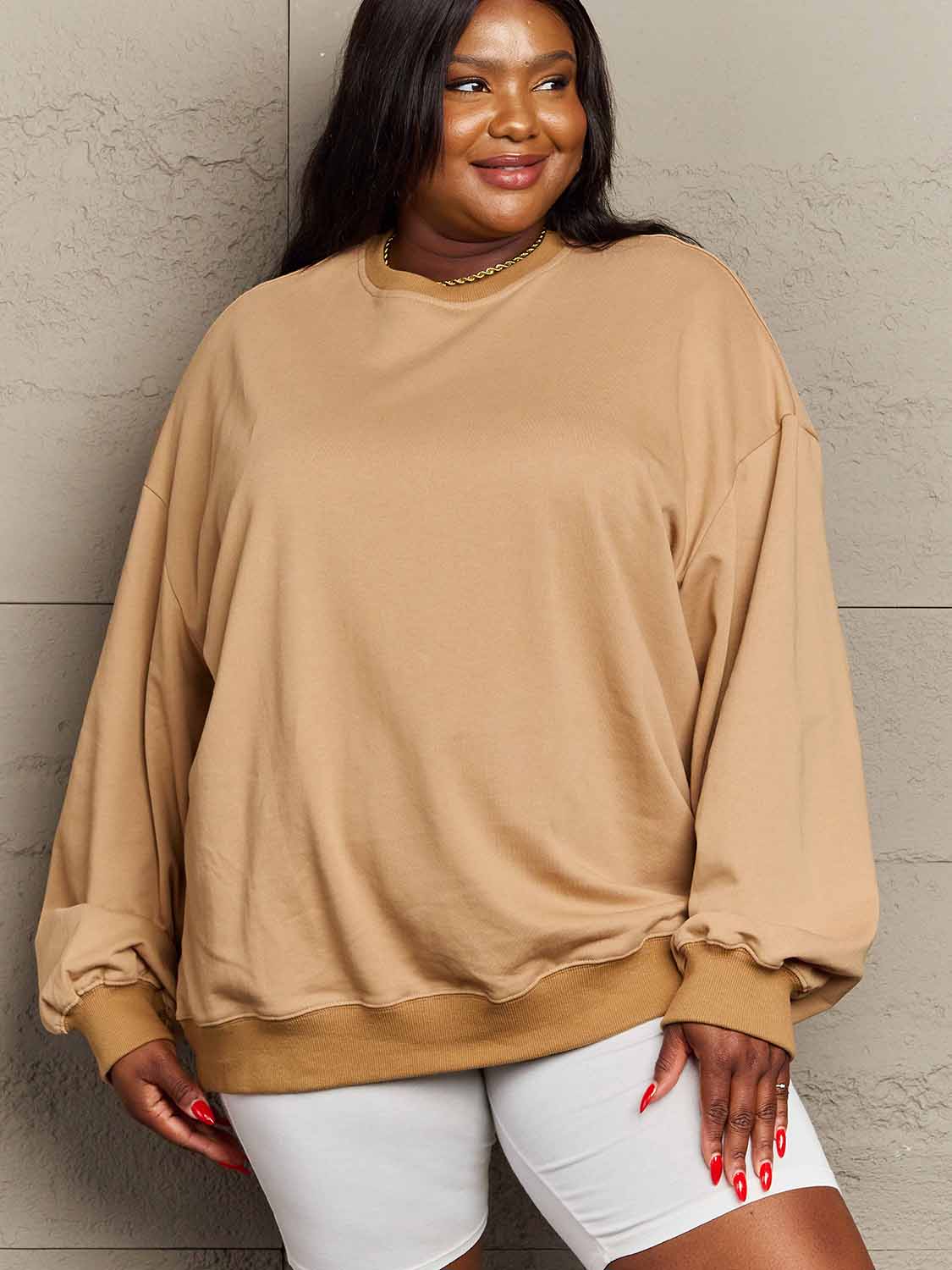 Simply Love Full Size Dropped Shoulder Sweatshirt - Sweatshirt - Camel - Bella Bourget