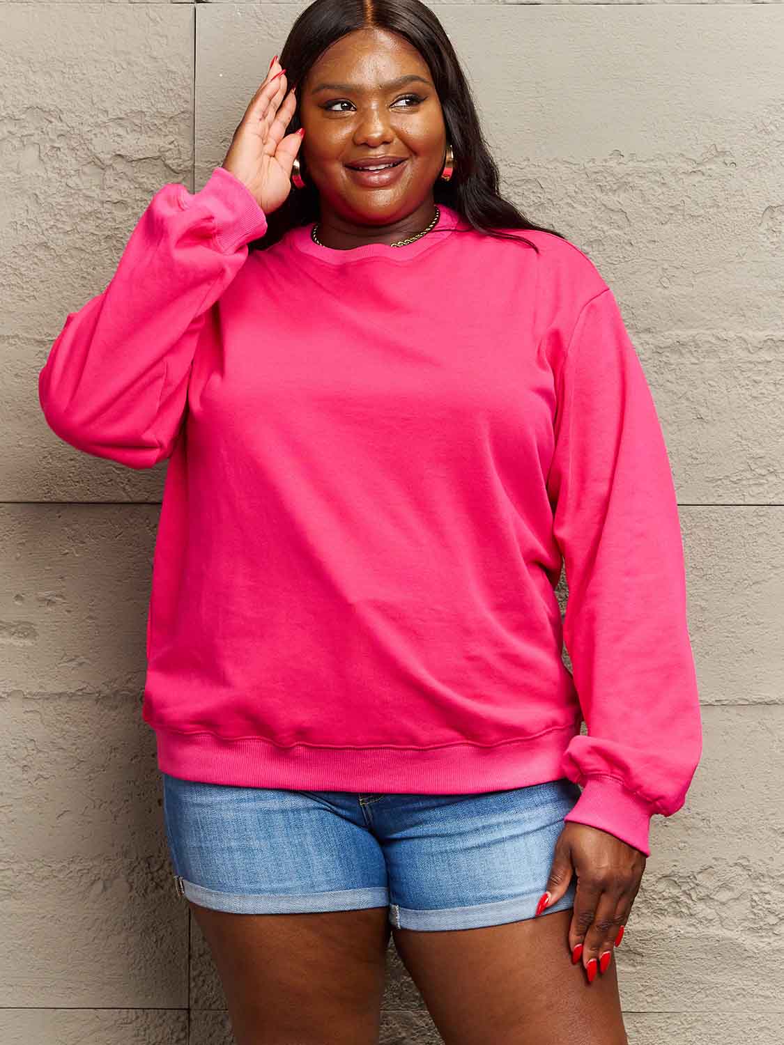 Simply Love Full Size Dropped Shoulder Sweatshirt - Sweatshirt - Hot Pink - Bella Bourget