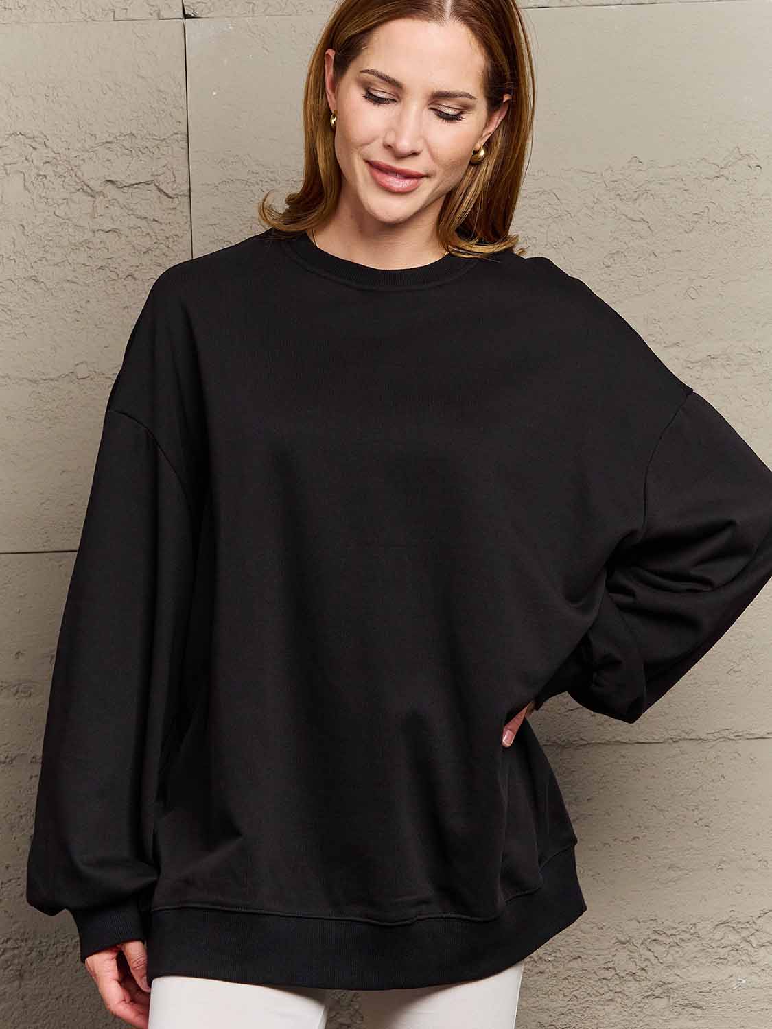 Simply Love Full Size Dropped Shoulder Sweatshirt - Sweatshirt - Black - Bella Bourget