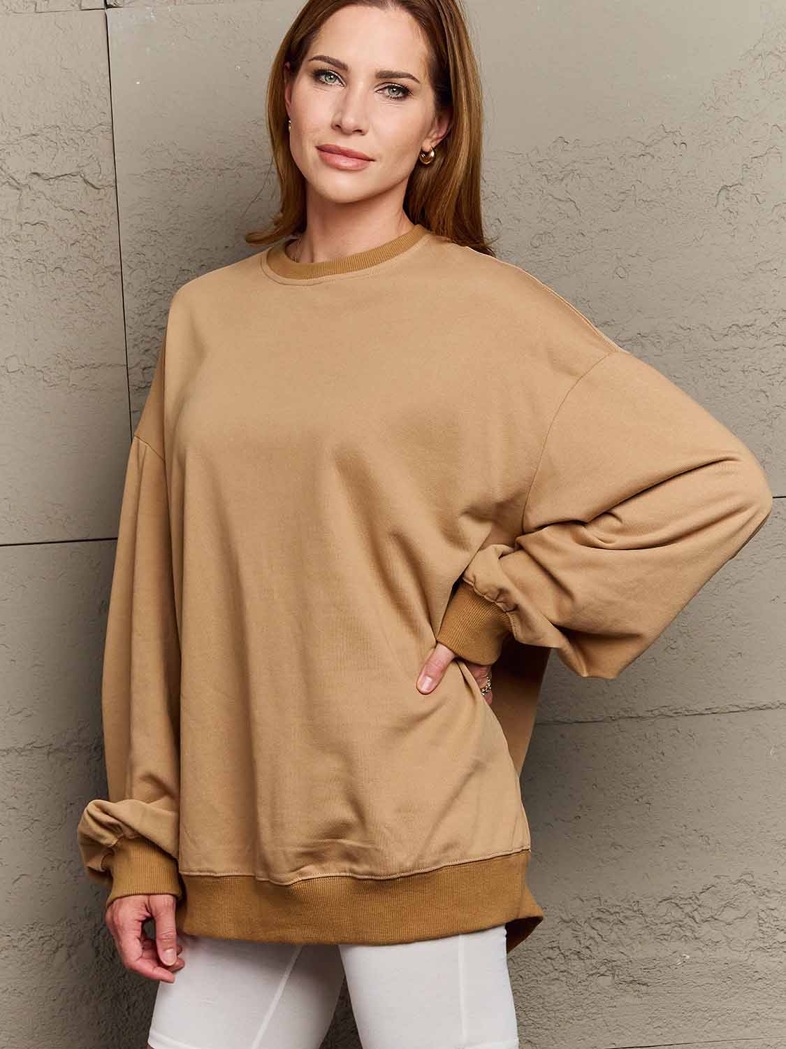 Simply Love Full Size Dropped Shoulder Sweatshirt - Sweatshirt - Camel - Bella Bourget