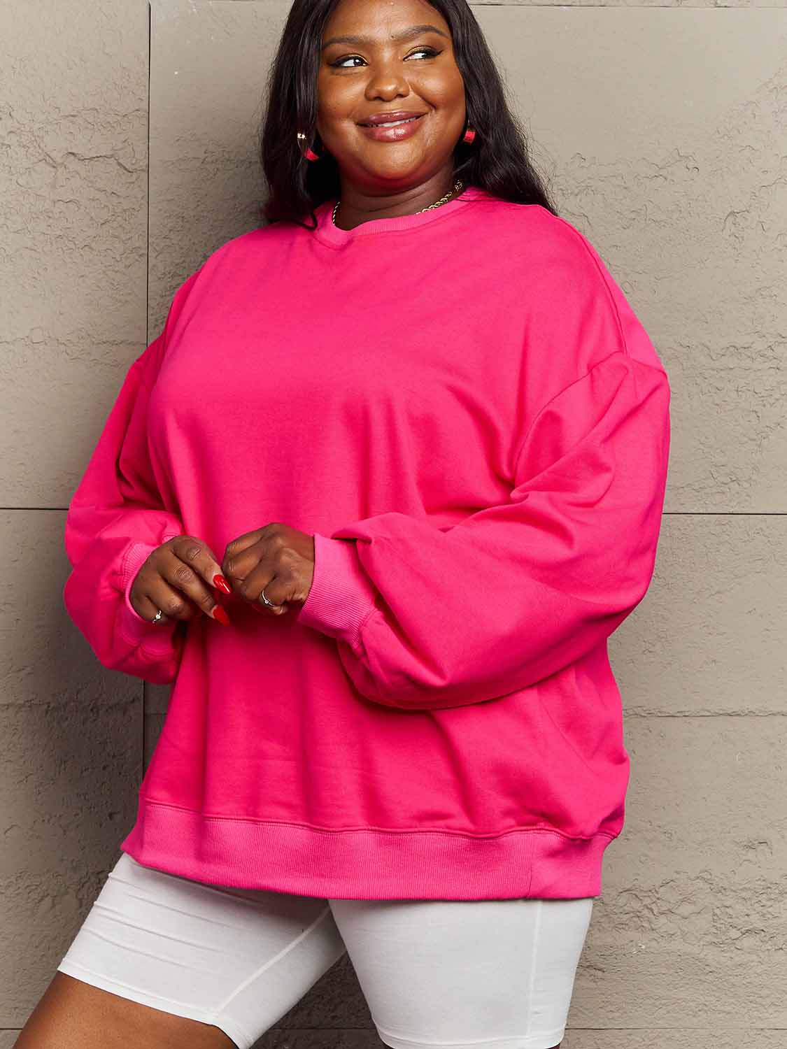 Simply Love Full Size Dropped Shoulder Sweatshirt - Sweatshirt - Hot Pink - Bella Bourget