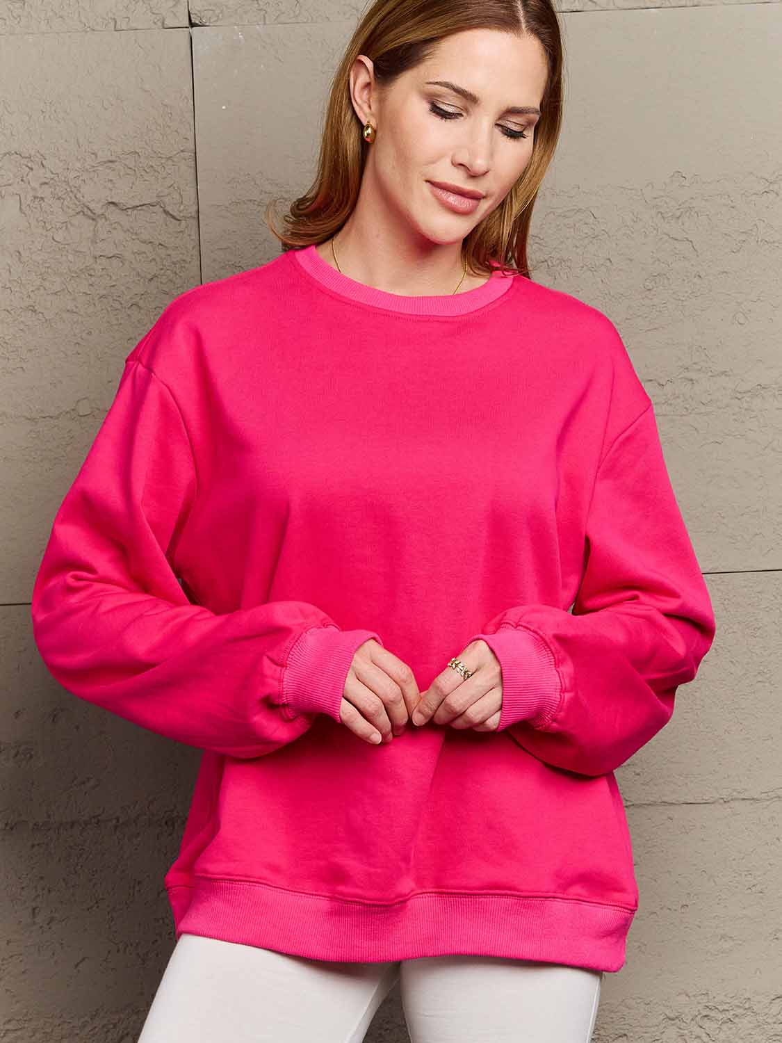 Simply Love Full Size Dropped Shoulder Sweatshirt - Sweatshirt - Hot Pink - Bella Bourget