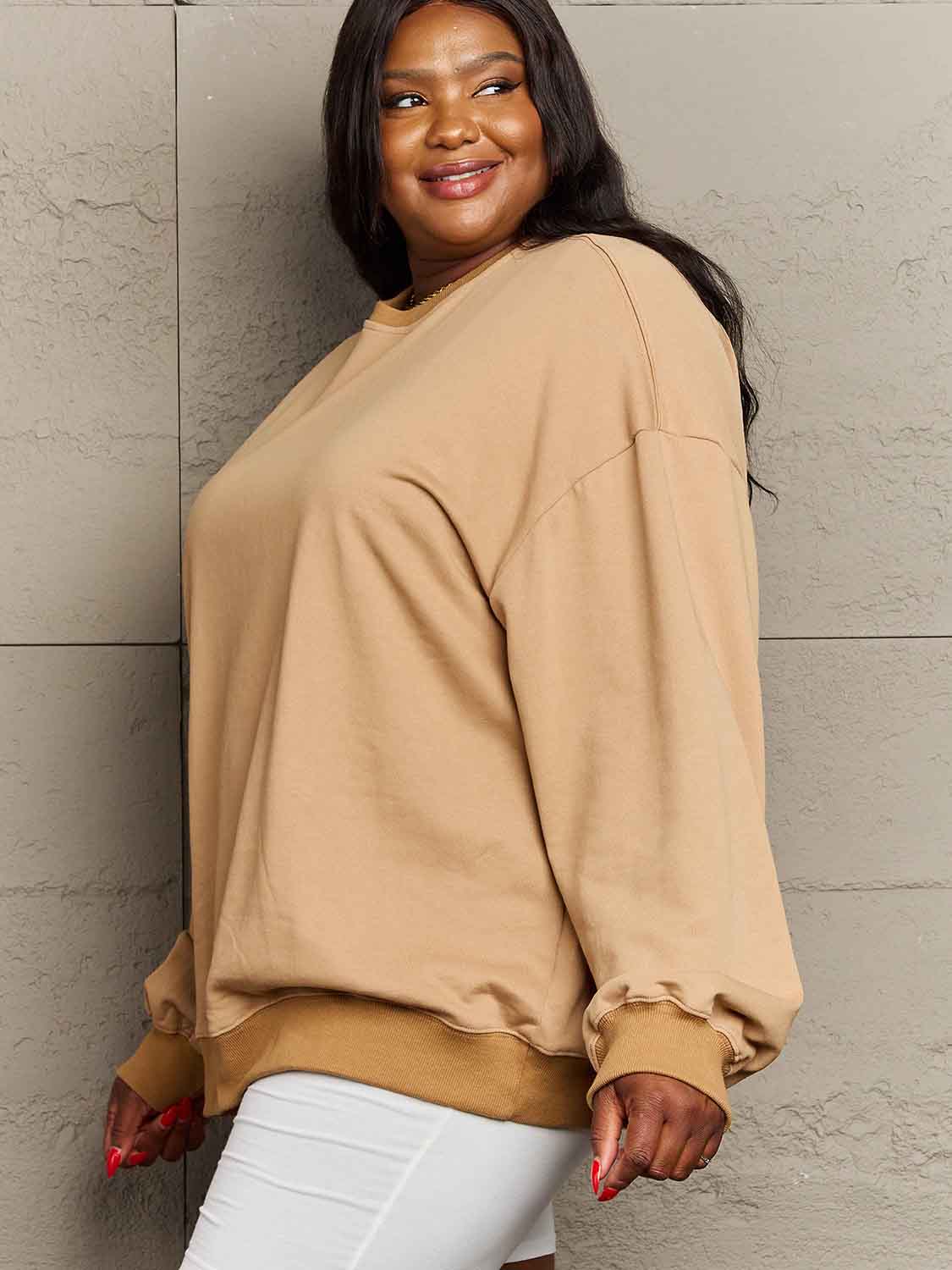 Simply Love Full Size Dropped Shoulder Sweatshirt - Sweatshirt - Camel - Bella Bourget