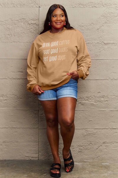 Simply Love Full Size Letter Graphic Round Neck Sweatshirt - Sweater - Camel - Bella Bourget