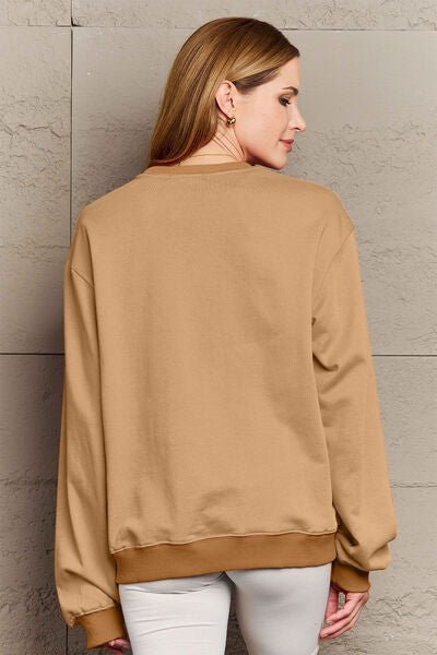 Simply Love Full Size Letter Graphic Round Neck Sweatshirt - Sweater - Camel - Bella Bourget