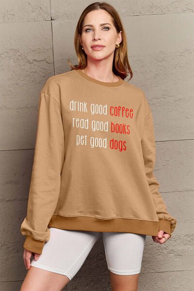 Simply Love Full Size Letter Graphic Round Neck Sweatshirt - Sweater - Camel - Bella Bourget